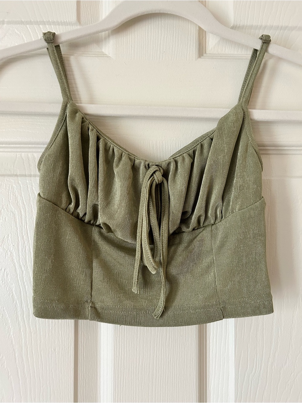 Olive Ruched Tie Front Crop Tank Top Spaghetti Strap Approx. Size Small